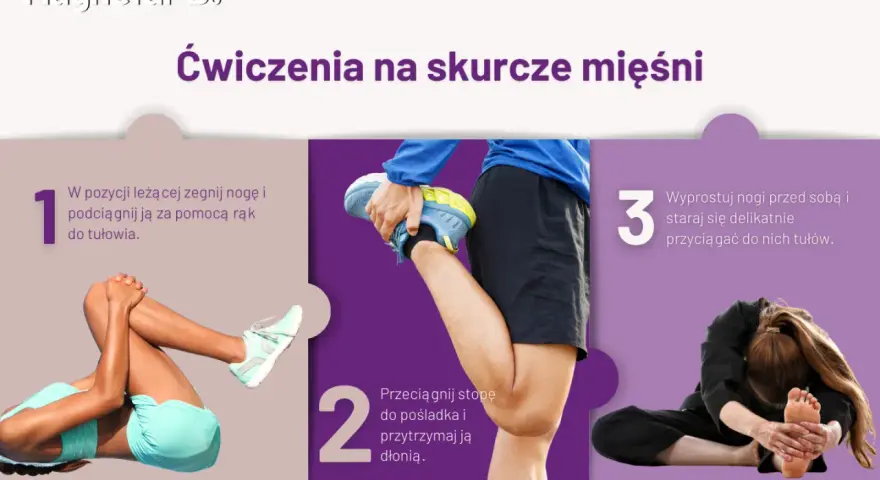 Ćwiczenia na skurcze mięśni: leżąc, podciągnij nogę do tułowia, przyciągnij stopę do pośladka, a potem wyprostuj nogi i pochyl się do przodu.