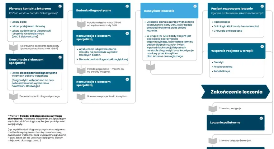 Schemat procesu leczenia onkologicznego: od diagnozy po zakończenie terapii.