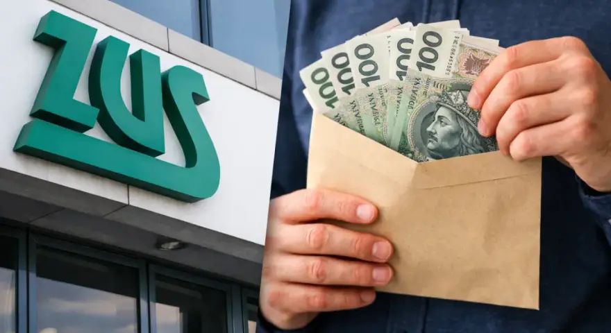 Logo ZUS i ręce trzymające kopertę z polskimi banknotami 100 zł.