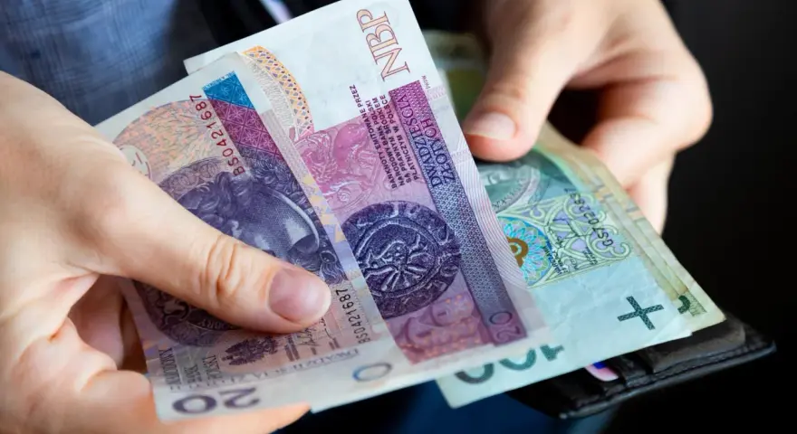 Dłonie trzymają polskie banknoty 20 zł i 100 zł. Wkrótce może pojawić się ryczałt energetyczny.
