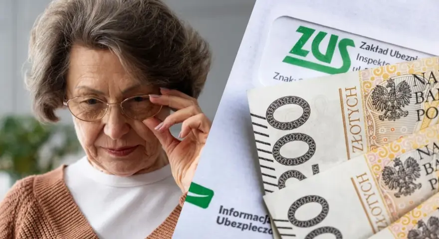 Starsza kobieta w okularach i polskie banknoty z logo ZUS.