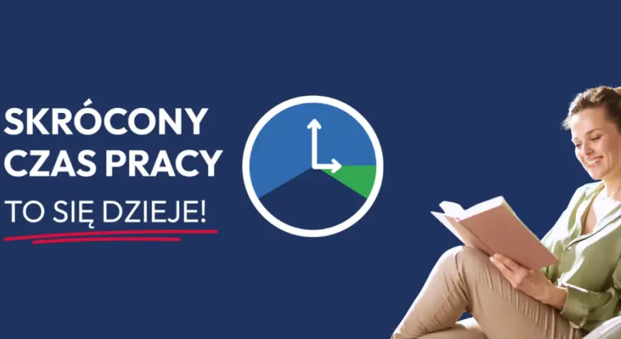 Kobieta czyta książkę obok grafiki zegara i napisu "Skrócony czas pracy".