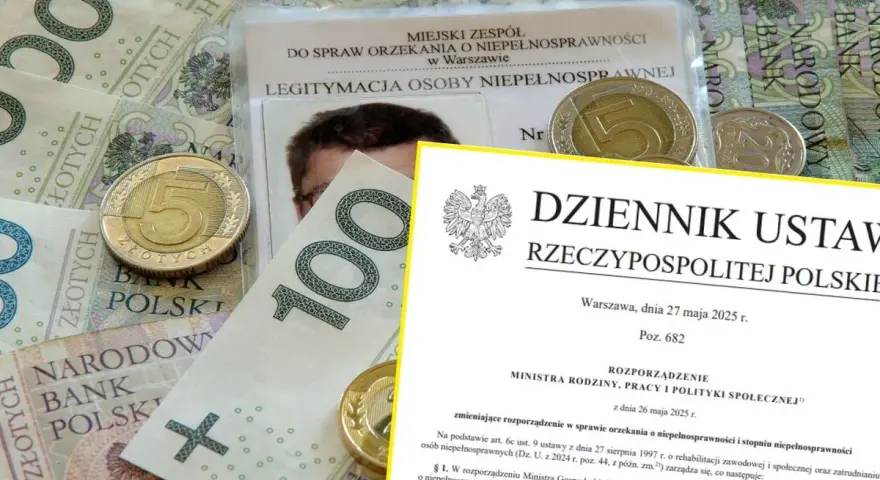 Legitymacja osoby niepełnosprawnej, monety i banknoty polskie.