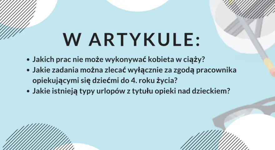Grafika z tekstem "W ARTYKULE:" i listą pytań dotyczących urlopów.