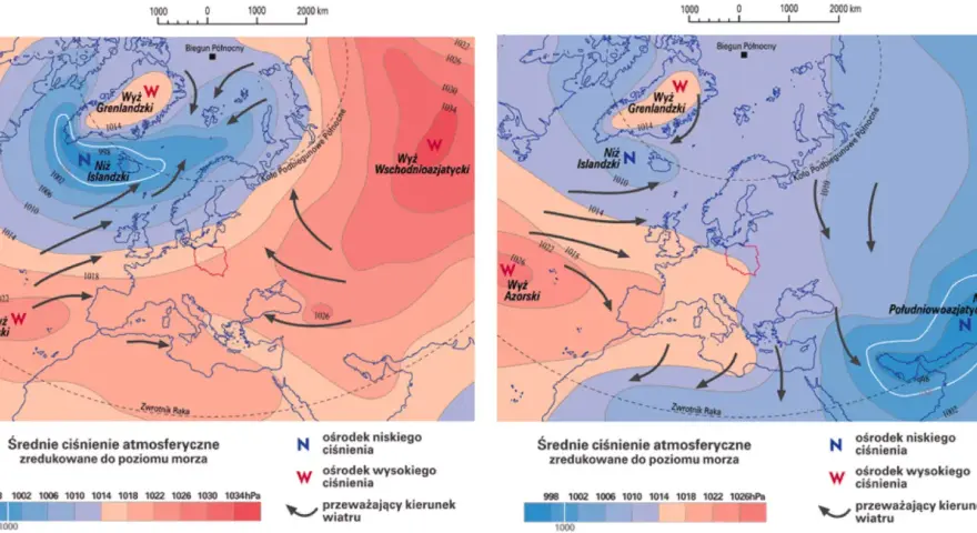 Dwie mapy Europy i Arktyki pokazujące rozkład ciśnienia atmosferycznego. Po lewej wyż wschodni azjatycki, po prawej wyż azorski, oba wskazują na wysokie ciśnienie atmosferyczne.