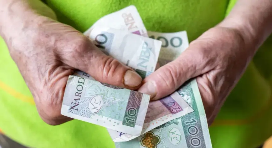 Dłonie trzymające polskie banknoty: 10, 20 i 100 złotych.