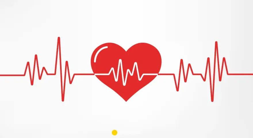 Czerwone serce z linią EKG na białym tle.