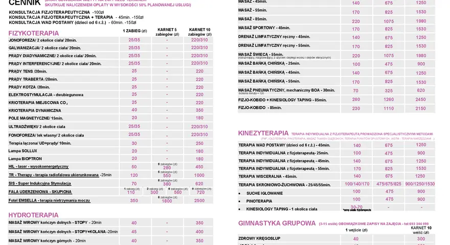 Cennik usług rehabilitacyjnych: fizjoterapia, masaże, kinezyterapia, hydroterapia, gimnastyka grupowa.