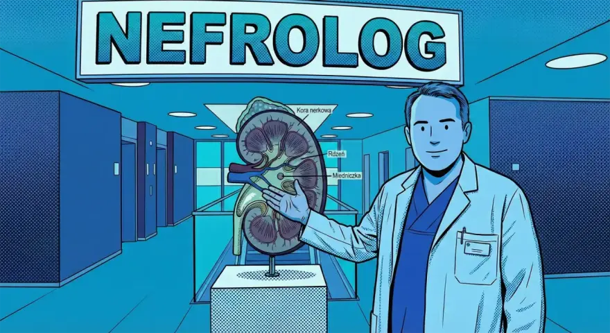 Lekarz w białym kitlu wskazuje na przekrój nerki pod szyldem "NEFROLOG".