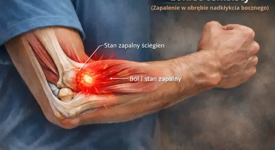 Ból łokcia po zewnętrznej stronie, zapalenie ścięgien i stan zapalny w obrębie nadkłykcia bocznego.