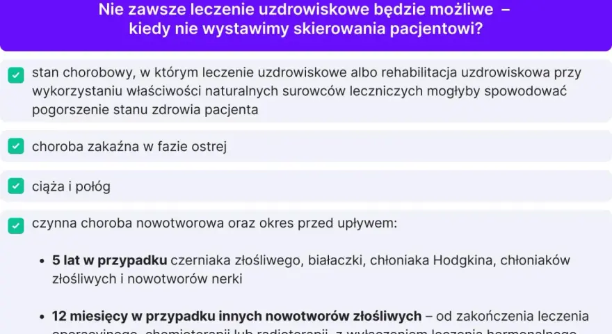 Lista przeciwwskazań do leczenia uzdrowiskowego: stan chorobowy, choroba zakaźna, ciąża, nowotwór.