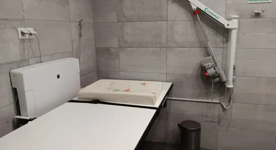 Przewijak dla dorosłych z podnośnikiem, koszem na śmieci i uchwytem na ścianie.