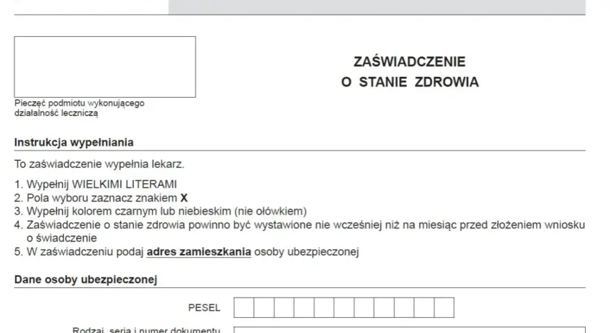 Formularz ZUS OL-9: zaświadczenie o stanie zdrowia, potrzebne do uzyskania orzeczenia o niepełnosprawności. Wypełnia lekarz.