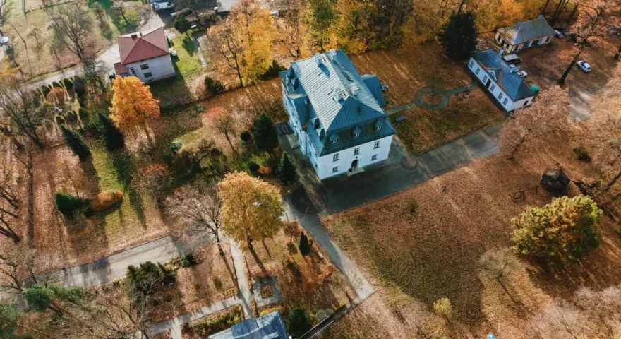Widok z lotu ptaka na wieś z budynkami i jesiennymi drzewami pokrytymi liśćmi.