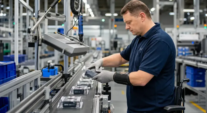 Pracownik w wózku inwalidzkim, w rękawiczkach, montuje elementy na linii produkcyjnej. Dobre warunki pracy chronionej.