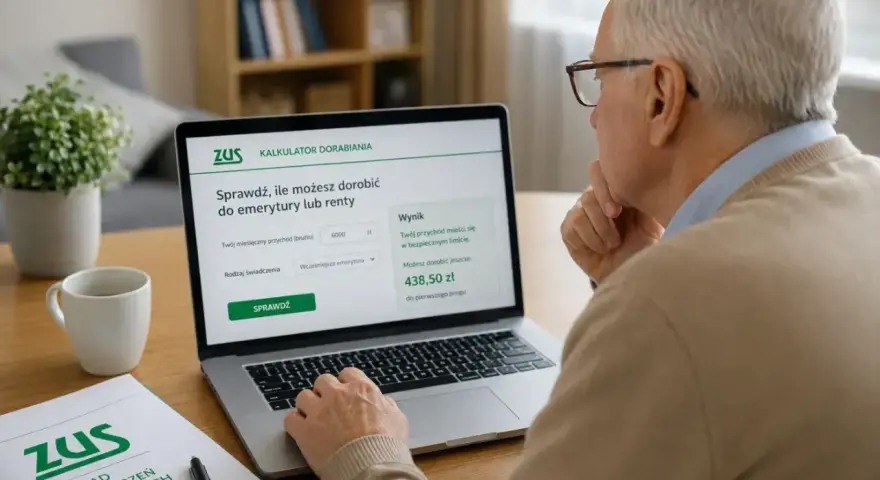 Starszy mężczyzna korzysta z kalkulatora ZUS na laptopie, sprawdzając możliwości dorabiania do emerytury.