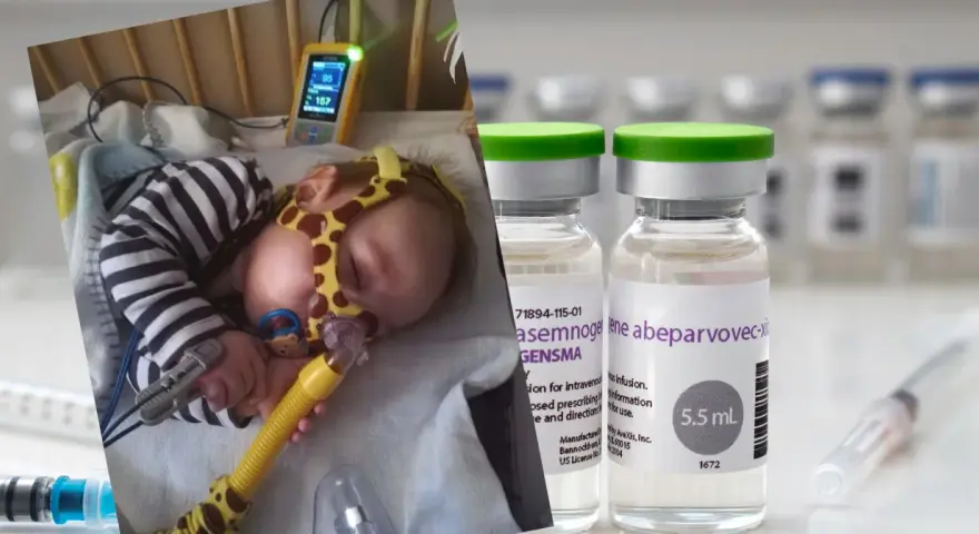 Chore niemowlę podłączone do aparatury medycznej obok fiolek z lekiem.
