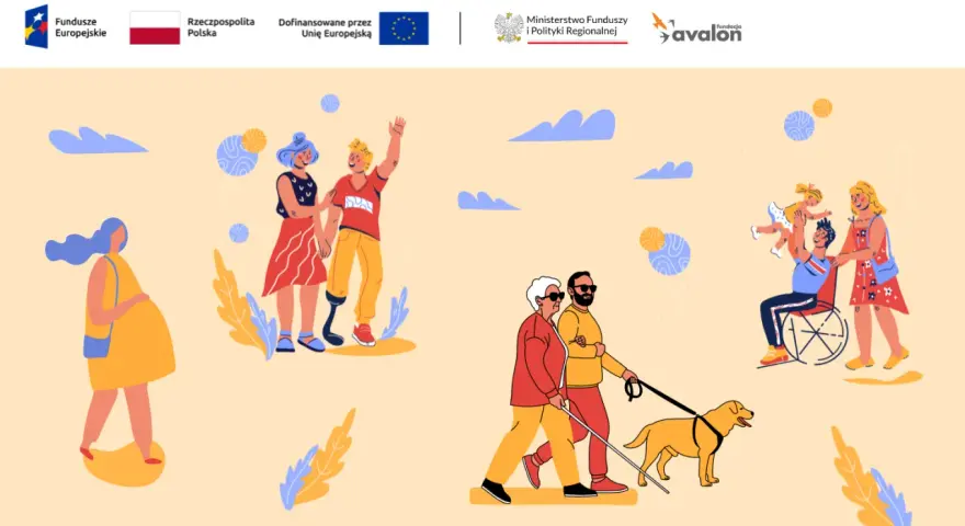 Ilustracja pokazuje różnorodne osoby, w tym kobietę w ciąży, parę z protezą nogi, niewidomego z psem przewodnikiem i rodzinę z osobą na wózku. To wizualizacja idei zawartych w ustawie o dostępności.