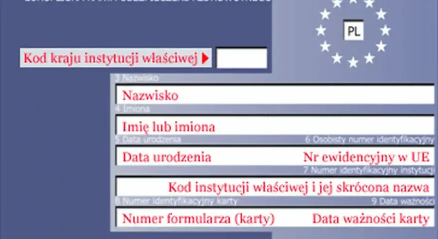 Europejska Karta Ubezpieczenia Zdrowotnego, potwierdzająca przynależność do NFZ. Zawiera dane osobowe i numer identyfikacyjny.
