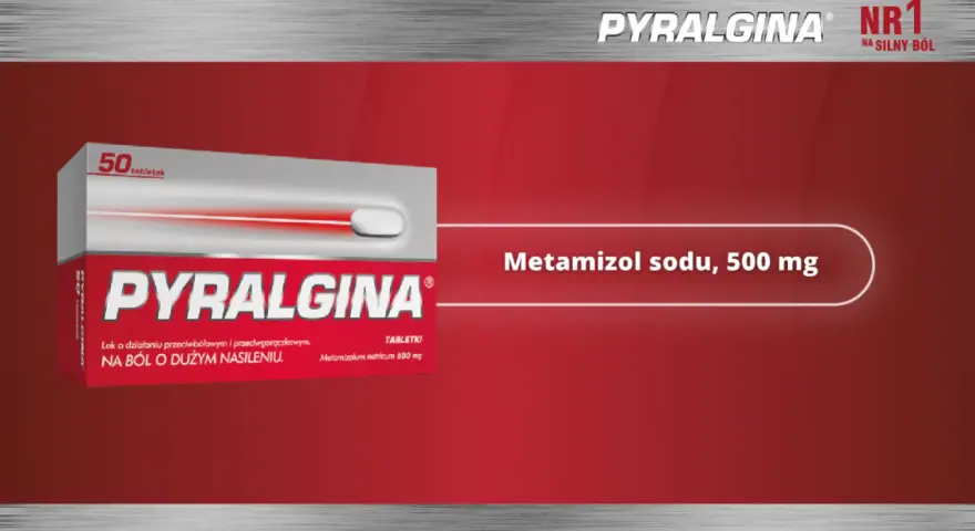 Opakowanie leku Pyralgina 50 tabletek z metamizolem sodu 500 mg.