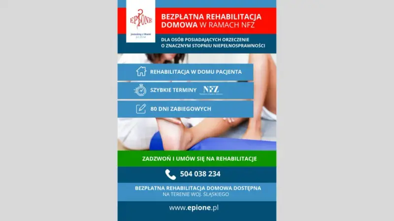 Plakat informujący o bezpłatnej rehabilitacji domowej NFZ dla osób ze znacznym stopniem niepełnosprawności.
