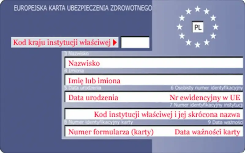 Europejska Karta Ubezpieczenia Zdrowotnego, potwierdzająca przynależność do NFZ. Zawiera dane osobowe i numer identyfikacyjny.